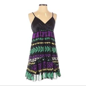 Jenny Han 100% Silk Black Tribal Print Fit & Flare Ruffle Dress Size S